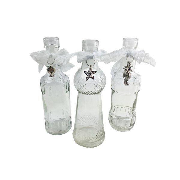 3er Set Glasflaschen mit Spitzenband (Vasen Set für Tischdekoration, Hochzeitsvasen, Kerzenvase)