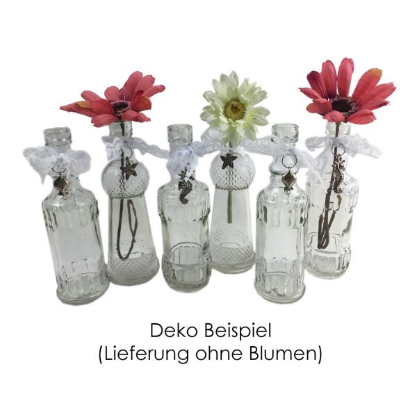 6er Set Glasflaschen mit Spitzenband (Vasen Set für Tischdekoration, Hochzeitsvasen, Kerzenvase)