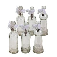 6er Set Glasflaschen mit Spitzenband (Vasen Set für Tischdekoration, Hochzeitsvasen, Kerzenvase)