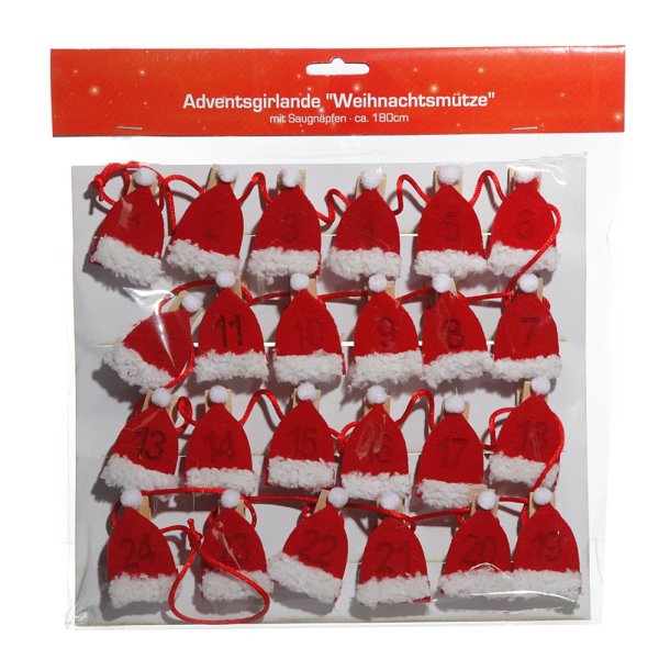Adventsgirlande Weihnachtsmütze mit Zahlen auf Wäscheklammern - als  Adventskalender Klammern