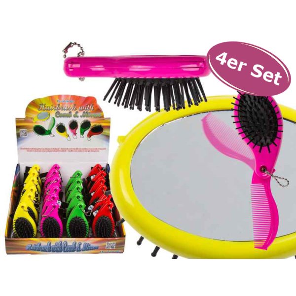 4er Set Haarbürste mit klappbarem Kamm & Spiegel - tolles Mädchen Geschenk! Reisehaarbürste