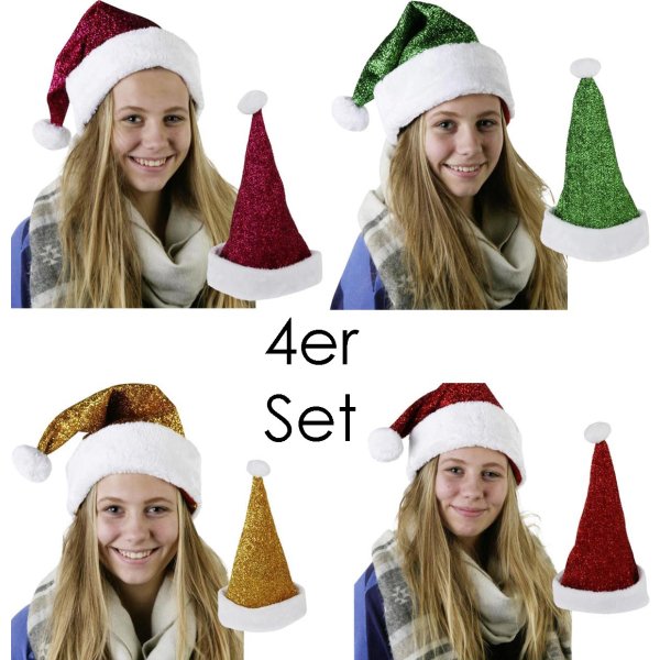 4er Set Weihnachtsmütze Glitzer rot, gold, pink, grün - Nikolausmütze - Weihnachtsfeier