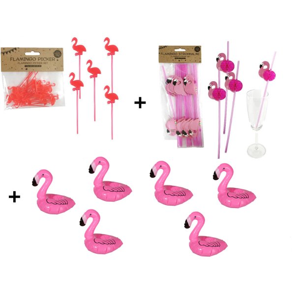 Flamingo Party Set  - aufblasbarer Getränkehalter, Strohhalme, Picker