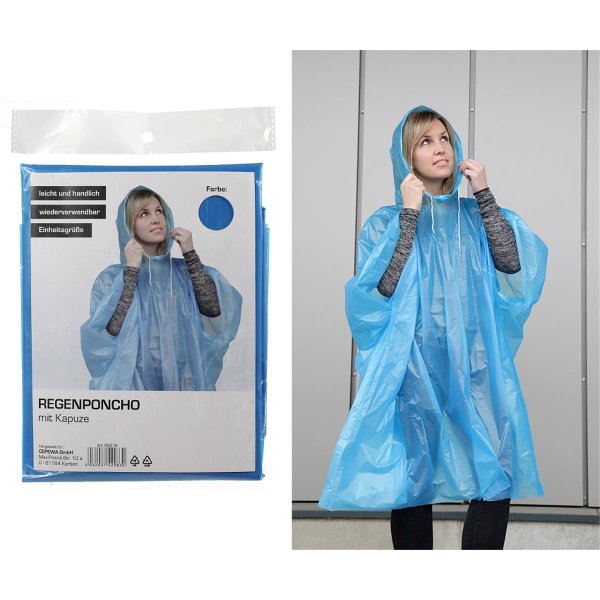 Regenponcho mit Kapuze - Regenjacke wiederverwendbar, praktisches Give Away, Einweg Poncho