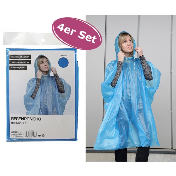 Regenponcho mit Kapuze 4er Set - Regenjacke wiederverwendbar, praktisches Give Away, Einweg Poncho