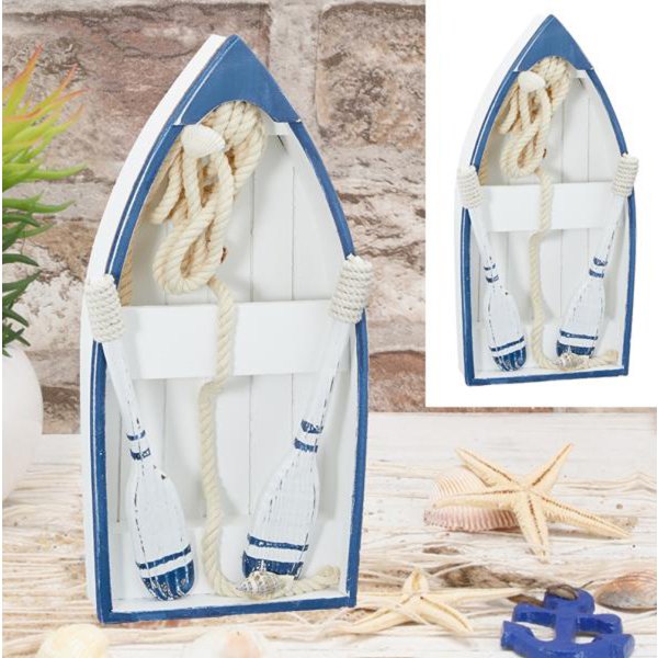 Deko Ruder Boot Maritim 19x35 cm blau weiss mit 2 Rudern, Tau und Muscheln - Dekoartikel, Schiff, Küste, Meer, Shabby Look