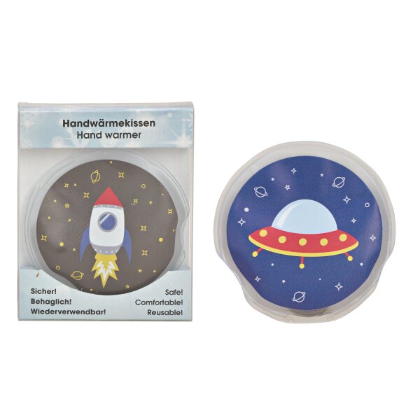 Taschenwärmer Weltall Rakete und Ufo, 2er Set - Wichtelgeschenk, Handwärmer Weltraum, Taschenheizkissen