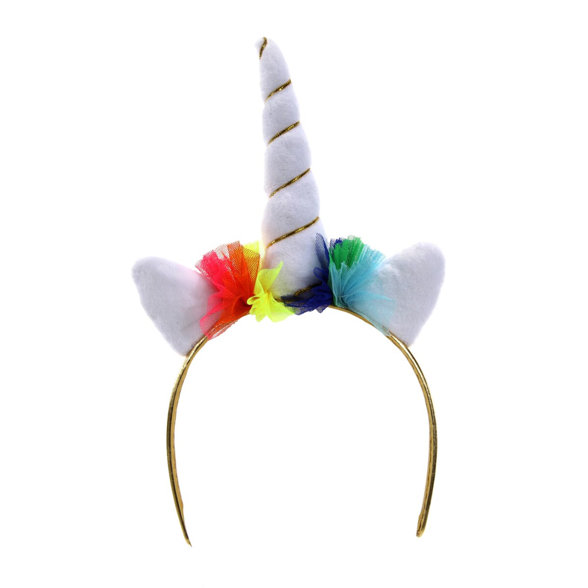 Party Discount Einhorn-Haarreif Aus Plüsch – Weiß Mit Regenbogenohren & Goldenem Horn