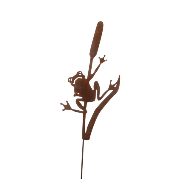 Gartenstecker Frosch auf Rohrkolben im Rost Design - Rostfigur, Blumenstecker, Gartendeko, Terrassendekoration