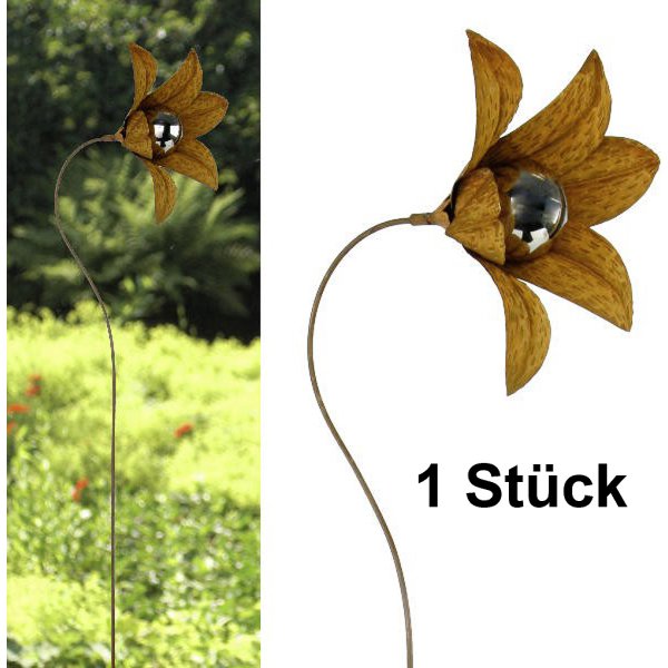 Gartenstecker Blume Typ 2 im Rost Design mit Silberkugel - Gartendeko, Terrassendekoration
