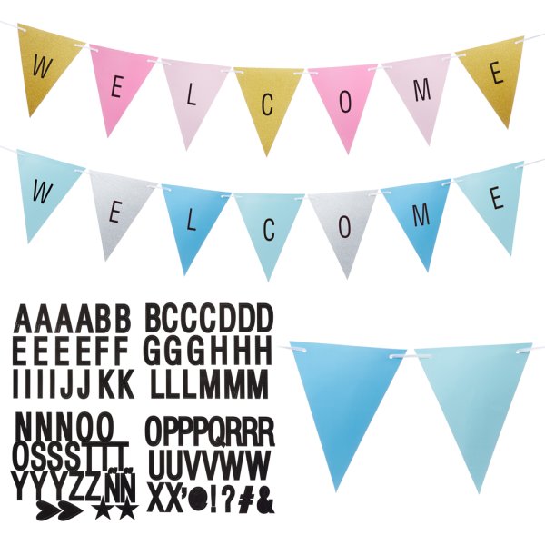 Fahnen Girlande (2er Set) mit aufklebbaren Buchstaben, Lnge: 400 cm - Papiergirlande, individualisierbare Partygirlande