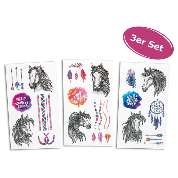 Kindertattoo Glitzer Pferde 3er Set - Abziehbilder, Tattoo mit Pferden, Mädchengeschenk, Give Away,