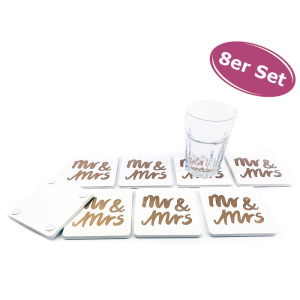 Untersetzer Mr & Mrs 8er Set Glasuntersetzer, Untersetzer für Trinkglas, Hochzeitsgeschenk