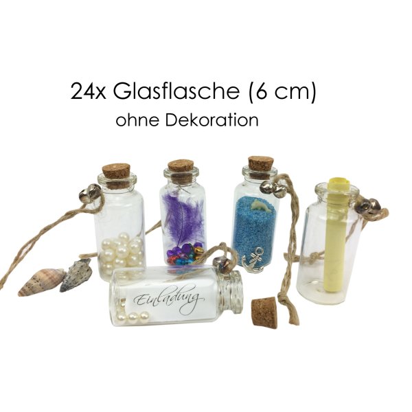 Deko Fläschchen mit Glöckchen 24er Set - Tischdeko, kleine Glasflasche, Dekoglas, Hängedekoration