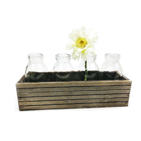 4er Set Glasflaschen im Holz Tablett - Vase, Tischdekoration, kleine Glasvasen, Landhausdeko, Gastro