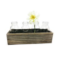 4er Set Glasflaschen im Holz Tablett - Vase,...