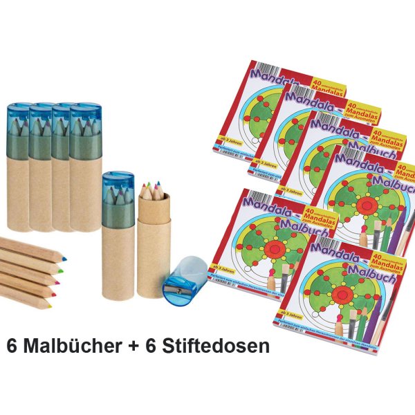 Mandala Malbuch mit Buntstifte in Dose inkl. Spitzer 6er Set - Kindergeschenk, Kinder Give Away