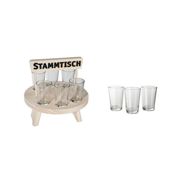 Schnapsgläser Set, 6er Set mit Holz Stammtisch (Schnapsbrett) - Schnapsbecher, Stamper, Shot Glas