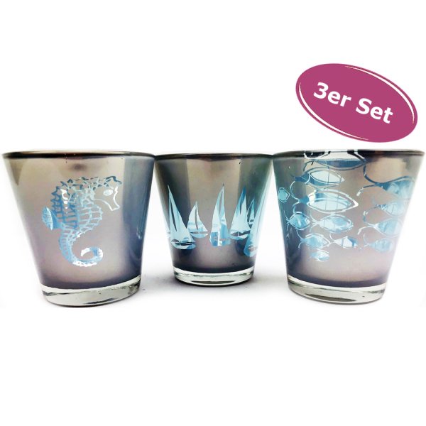 Teelichtglas Maritim 3er Set - Windlicht, Kerzenglas, Teelichthalter, Motivglas