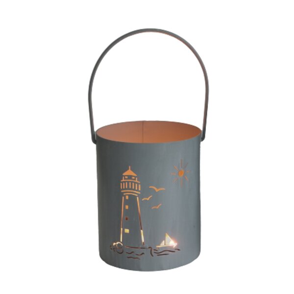 Laterne Maritim Eimer mit Leuchtturm H:26,5 cm im Shabby Look aus Metall - maritimes Windlicht, Kerzenleuchte, Teelichthalter