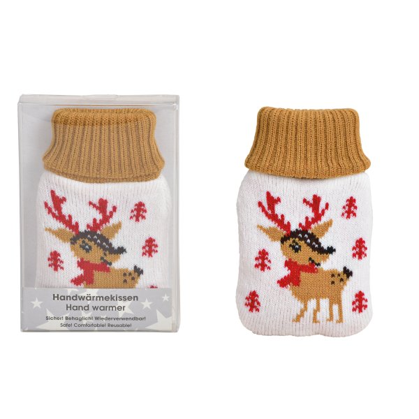 Taschenwärmer Reh mit Schal im Strickbezug 2er Set - Wichtelgeschenk, Handwärmer, Taschenheizkissen