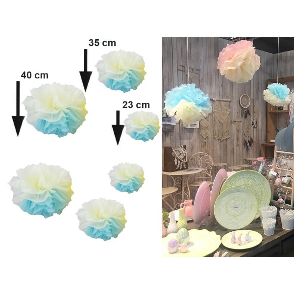Papierblumen Pompon blau, 6er Set - Pompom, Dekoration für Hochzeit, Geburtstag, Babyshower