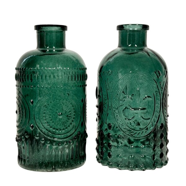 Glasvase Ornament, Vase grün H:12 cm (2er Set) - Flaschenvase zur Tischdekoration, Geburtstage, Hochzeiten