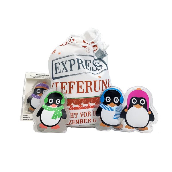 Taschenwärmer Pinguin (4er Set) & Geschenkbeutel Weihnachten - tolles Wichtelgeschenk, Weihnachtsgeschenk