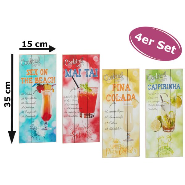 Wandbild Cocktail Rezepte H: 35 cm, 4er Set Holzbilder mit Cocktail Motiven - Coole Deko fr die Kc