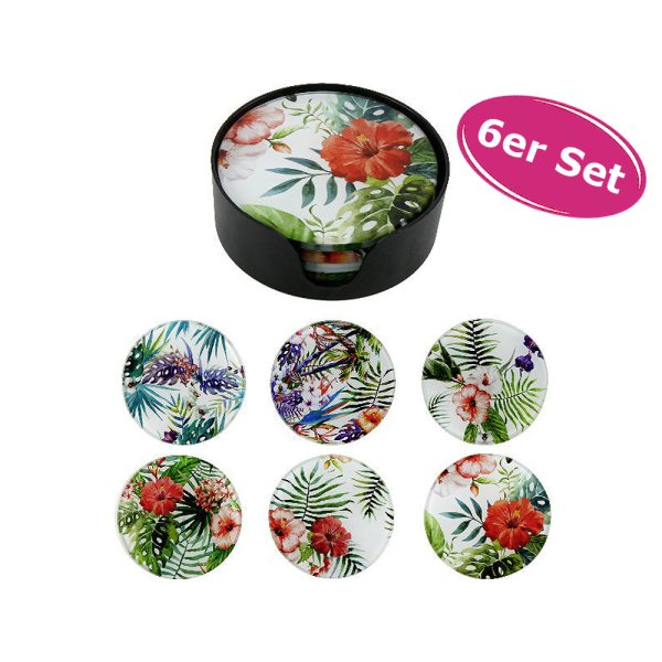 Untersetzer Tropical, 6er Set - Glasuntersetzer, bunt - exotische Blüten / Hibiskus, Untersetzer für