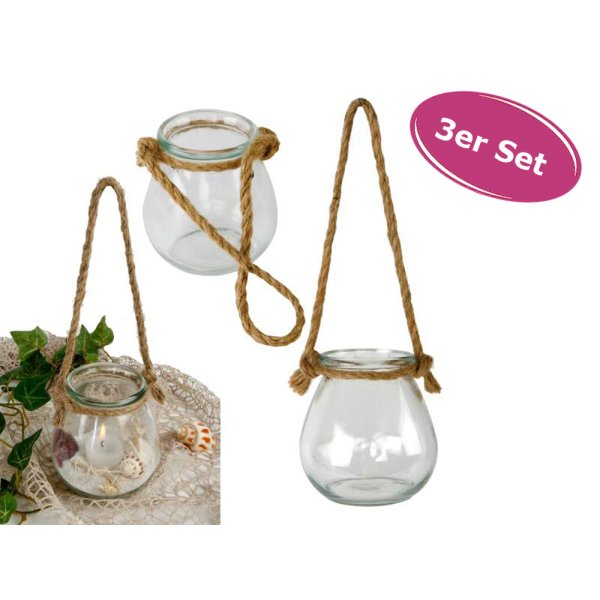 Hängewindlicht, klar, 3er Set tolle Teelichthalter mit Sisalband zum hängen, Windlicht zum hängen
