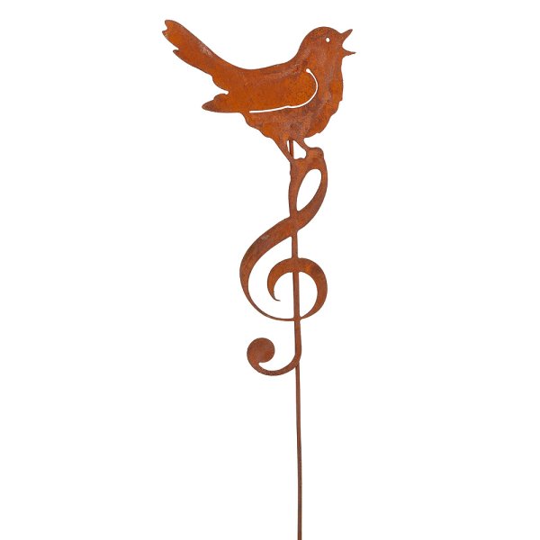 Blumenstecker Vogel auf Notenschlüssel im Rost Design H: 47 cm - Rostfigur für den Garten, Gartendeko, Gartenstecker