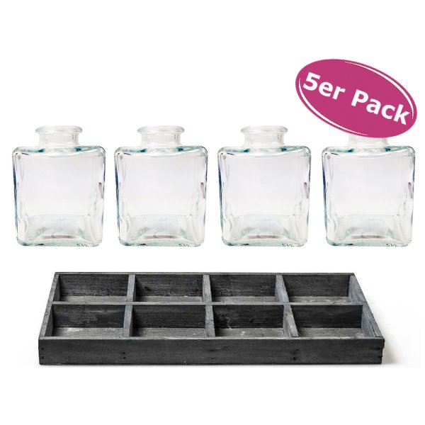 4er Set Glasflaschen Binky mit Holztablett - kleine Vase, Tischdekoration, Glasvasen, Landhaus