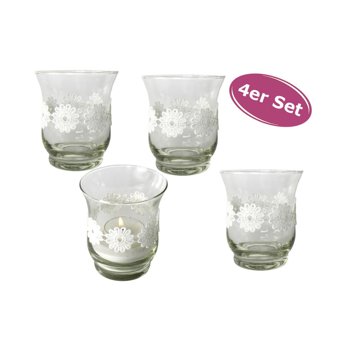Teelichtglas mit Borte für Kerzen, 4er Set