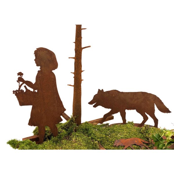 Dekofigur Rotkäppchen und der Böse Wolf im Rost Design, 2er Set, Rostfigur für den Garten