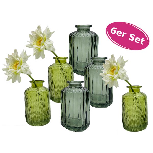 6er Set Glasflaschen June grün - kleine Vase, Tischdekoration, Glasvasen, Landhaus