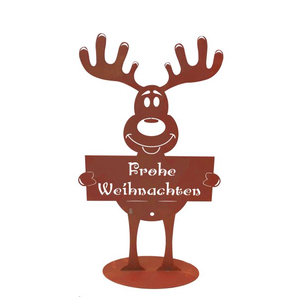 Dekofigur Elch mit Schild Frohe Weihnachten, Rost Design, Rostfigur für den Garten, Gartendeko