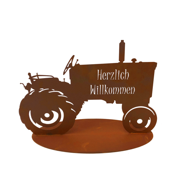Dekofigur Traktor "Willkommen" auf Standplatte im Rostdesign, Rostfigur, Gartendeko, Metalldeko