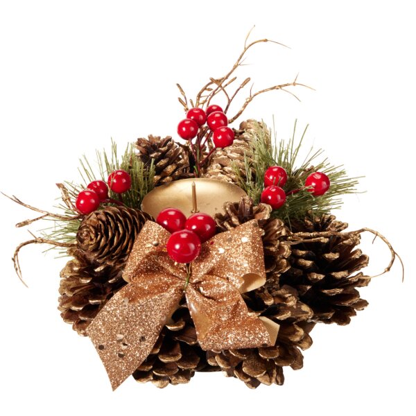 Festliches Adventsgesteck goldene Schleife mit Kerzenhalter, Zapfen und roten Beeren - Adventsdeko (Adventskranz), weihnachtliche Tischdeko