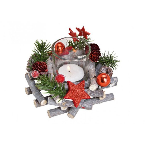 Festliches Adventsgesteck rote Sterne mit Teelichtglas, Adventsdeko (Adventskranz), weihnachtliche Tischdeko