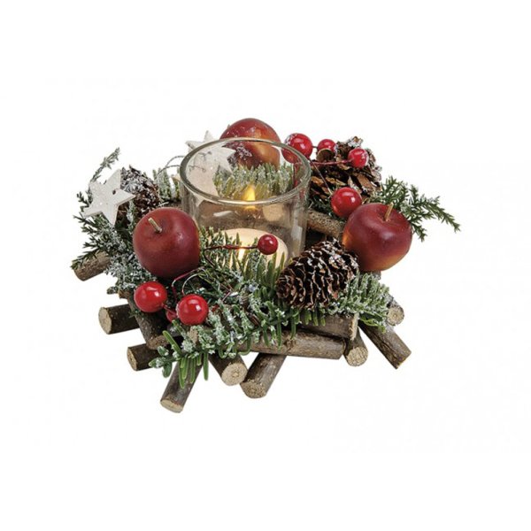 Winterliches Adventsgesteck Äpfel & Tannenzapfen mit Teelichtglas, Adventsdeko (Adventskranz), weihnachtliche Tischdeko