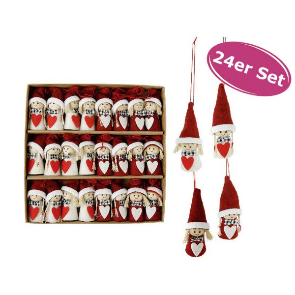 Christbaumschmuck Wichtelkinder rot und weiß mit Herz, 24er Set - Weihnachtswichtel, Schutzengel, Baumschmuck