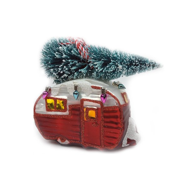Baumschmuck Wohnwagen mit Weihnachtsbaum - Baumkugel Caravan, Weihnachtsdeko, Christbaumkugel