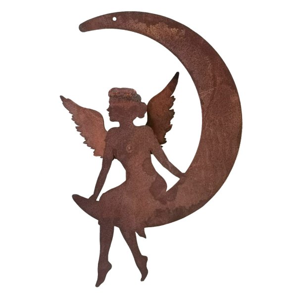 Dekofigur im Rost Design Engel im Mond zum hängen, 20 cm - Rostfigur für den Garten, Gartendeko