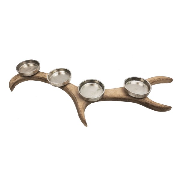 Adventsgesteck / Adventskranz, Mango Holz in Geweihform, 4 Kerzenhalter aus Metall