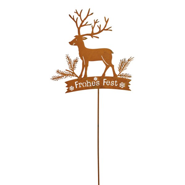 Gartenstecker im Rost Design Hirsch mit Schriftzug "Frohes Fest" - Rostfigur für den Garten, Dekofigur