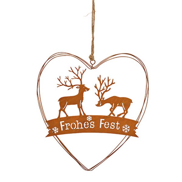 Rostfigur Herz Frohes Fest mit Hirsch zum Hängen - Rostfigur für den Garten, Gartendeko Weihnachten, Rost Design