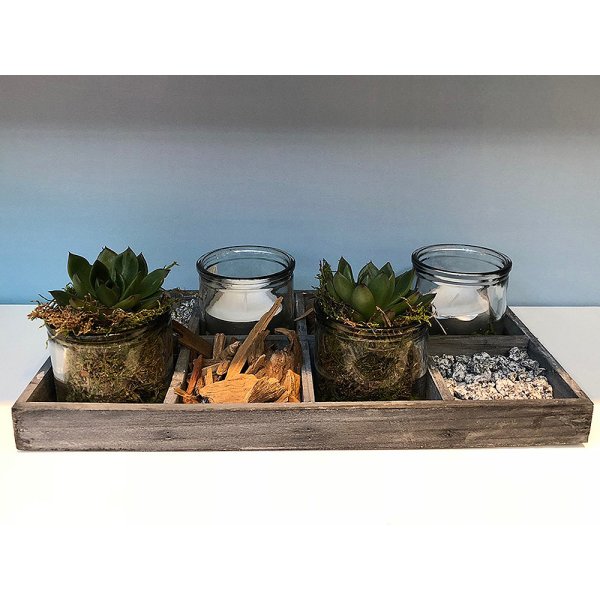 4er Set Klarglas Teelichthalter / Pflanzgefäß Vuelta mit Holz Tablett - Vase, Tischdekoration