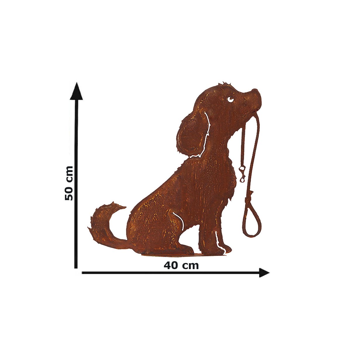 Dekofigur Hund mit Leine im Rost Design, Rostfigur für den Garten, Ga