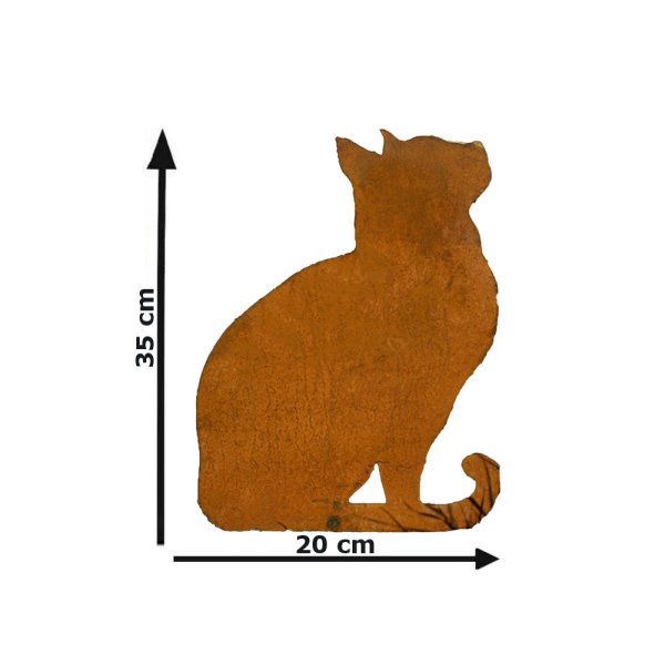 Dekofigur Katze sitzend (Blick n. oben) mit Platte im Rost Design, Rostfigur für den Garten, Gartendeko